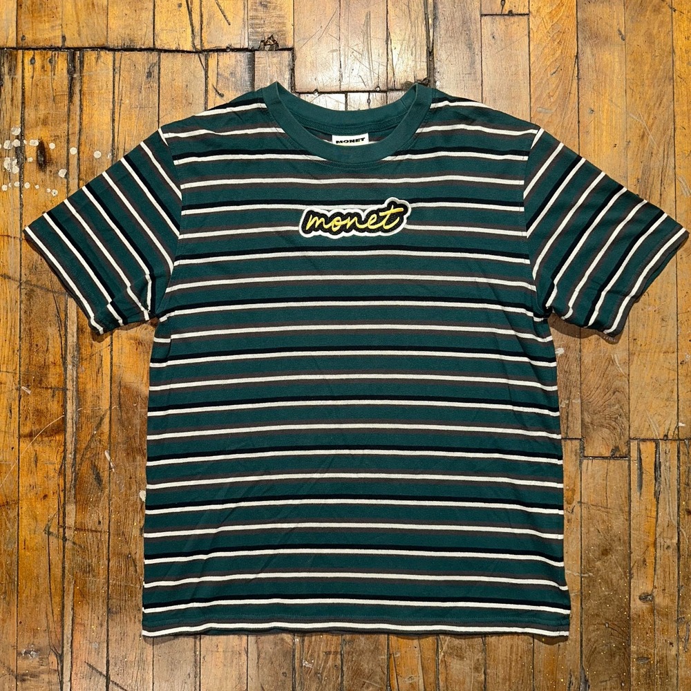Monet Skateboard Tee Shirt Boys Small Green Striped Short Sleeve Pullover‎ Logo